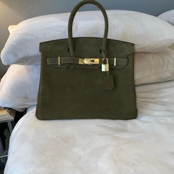 Nee 30cm genuine suede army green top handle handbag Satchels